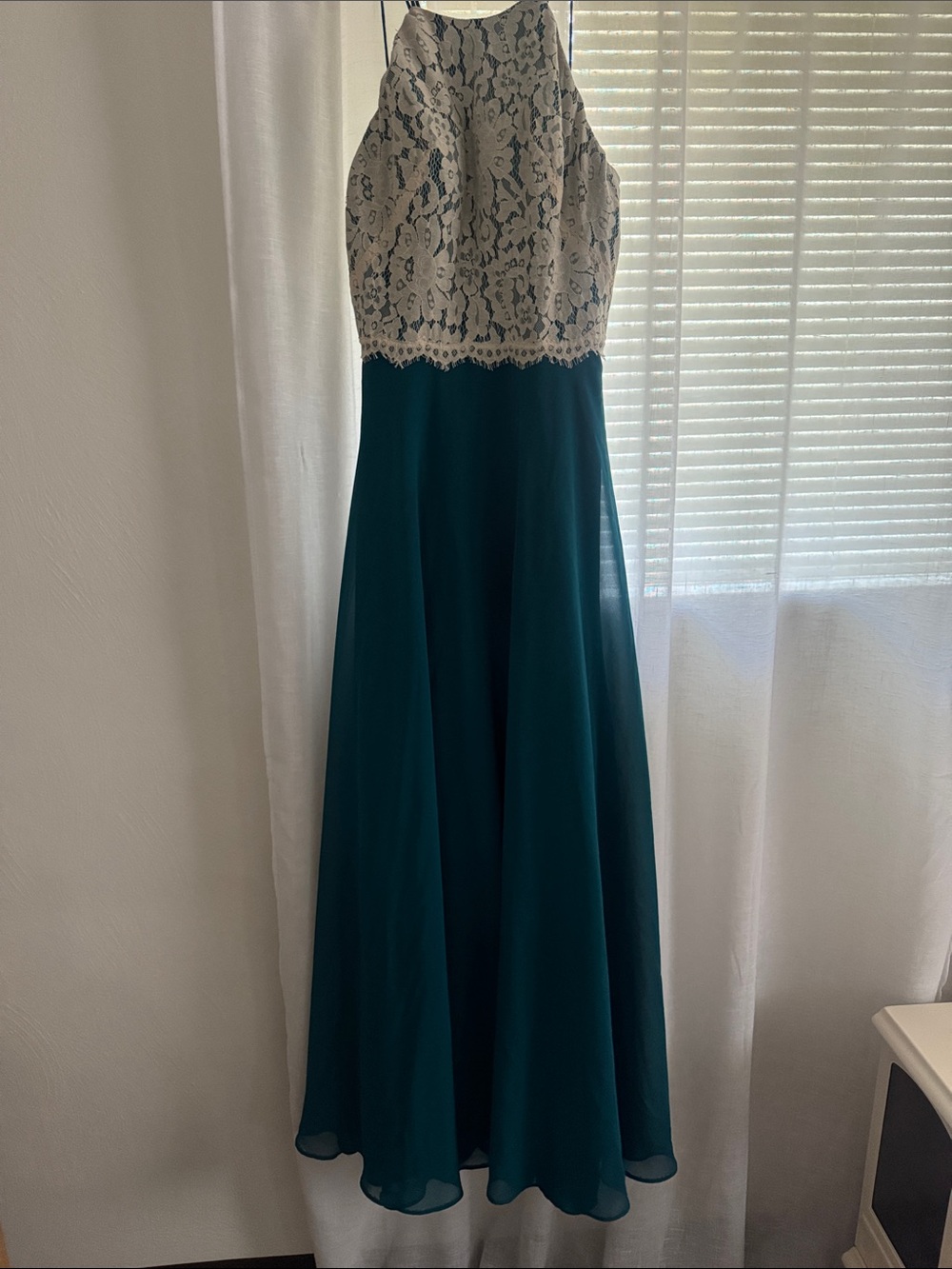Christina Wu Cream Lace Halter with Teal Chiffon Style 22787